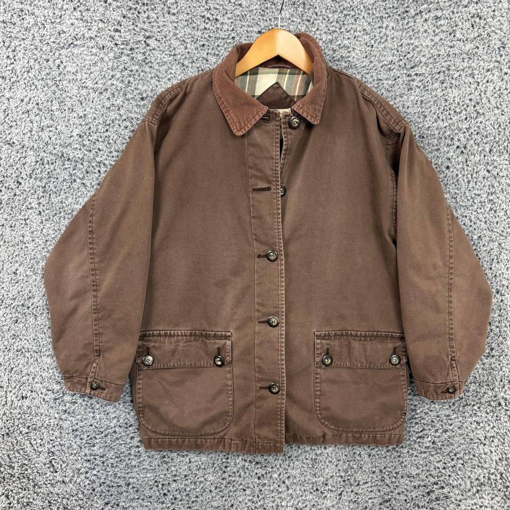 St Johns Bay Chore Coat Womens Large Brown Canvas Plaid Lined Barn Field Work